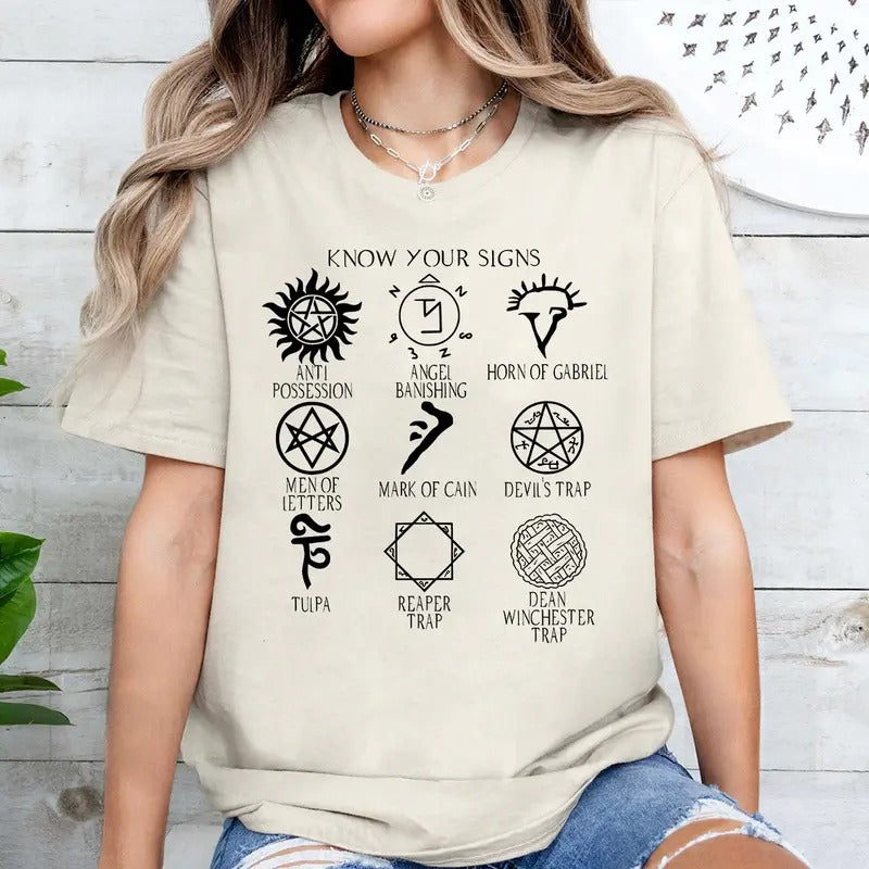 Supernatural Symbols Shirt, Know Your Signs T Shirt, Supernatural T Shirt, Fashion Cotton, Full Colors, Full Sizes, For...