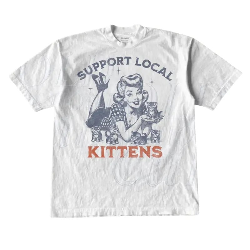 Support Local Kittens Retro Graphic T-Shirt, Vintage 1940 Pop Women Fun Cat Shirt, Funny Cat Shirts, Nostalgia Cat Lovers...