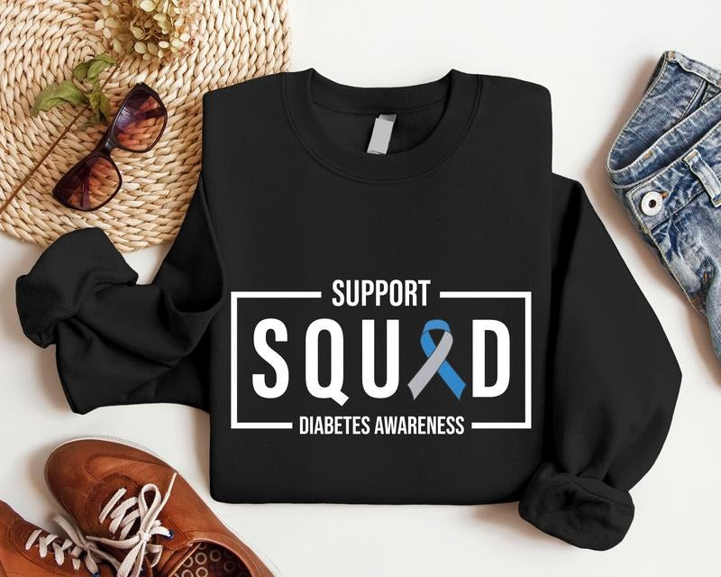 Support Squad Diabetes Awareness Sweatshirt, Matching Support Family Sweater, Blue Ribbon Hoodie, Diabetes Warrior...