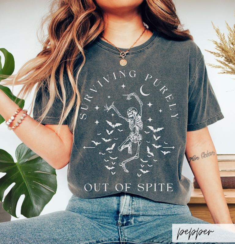 Surviving Purely out of Spite Comfort Colors Shirt, Funny Goth Celestial Skeleton and Bats Shirt, Bat Lover Gothic Boho...