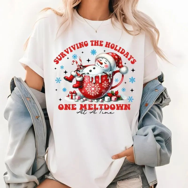 Surviving the Holidays One Meltdown at a Time Christmas Shirt,  Cute Snowman Christmas Shirt, Graphic Shirt Retro Adult...