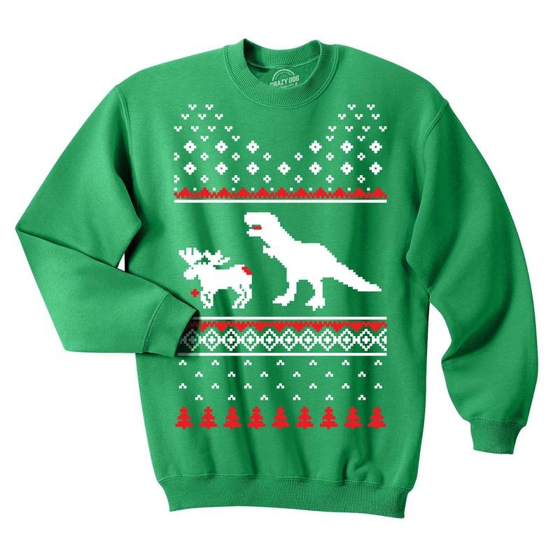 T Rex Attacking Moose Ugly Funny Hilarious Humor Funny Crew Neck Funny Dinosaur Long Sleeve Crew Novelty Green T-Shirts, Hoodie, Sweatshirt