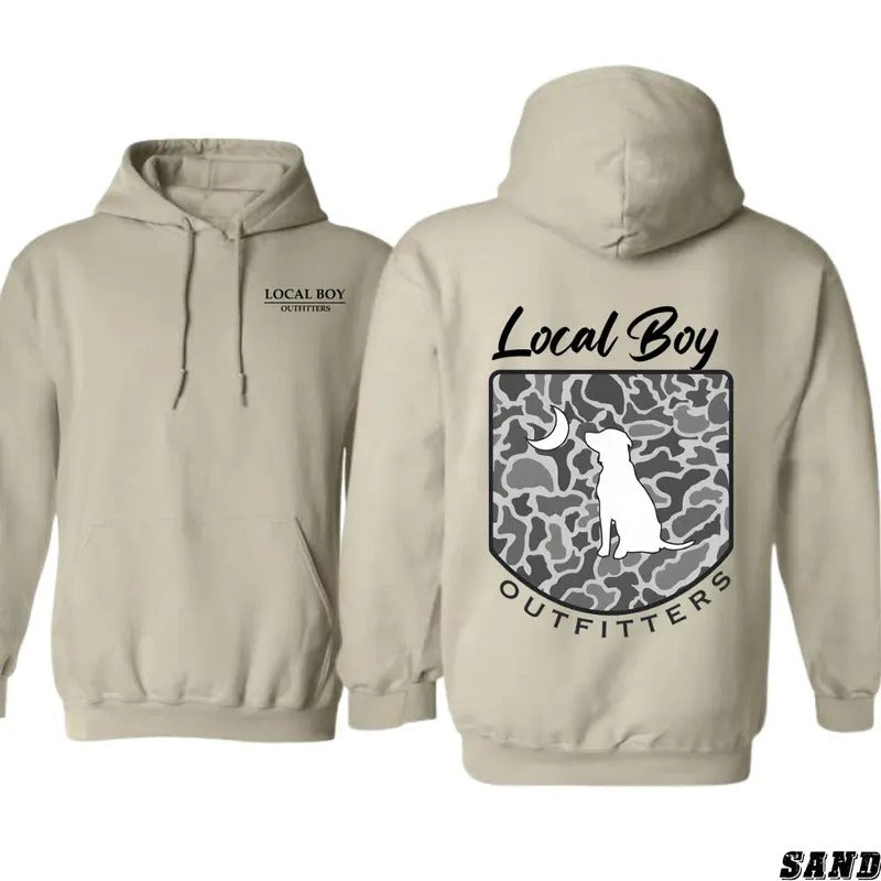 TTP Local Boy Outfitters Hoodie - Classic Camouflage Design Featuring a Dog and Moon Graphic, Perfect for Outdoor...