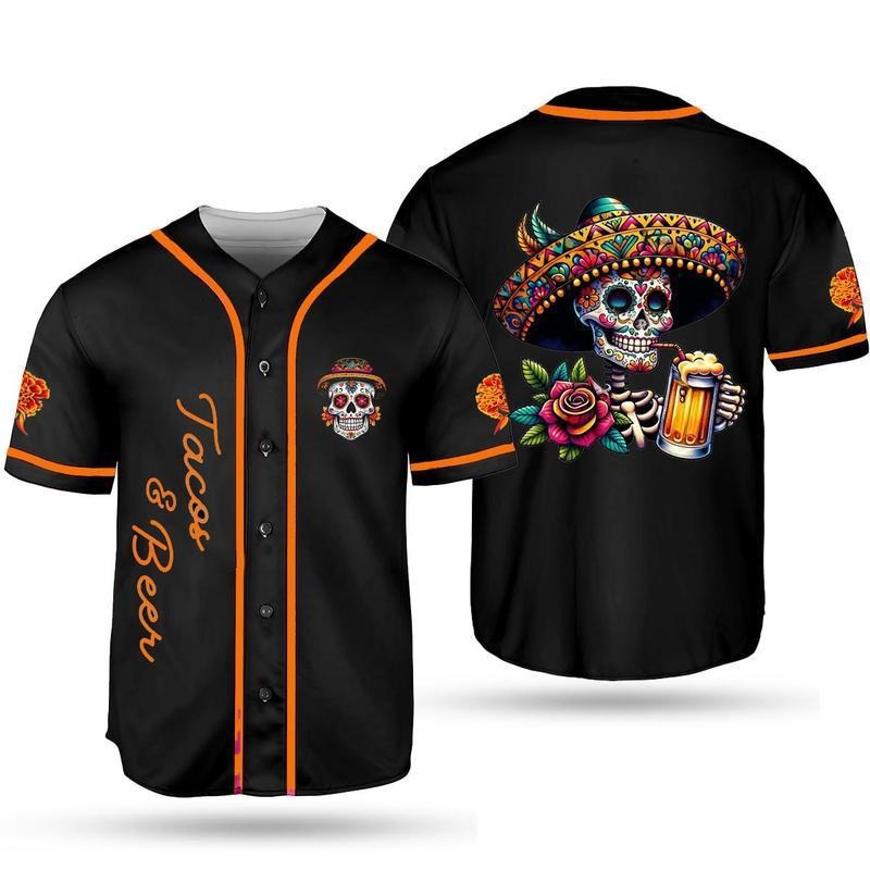 Tacos and Beer Baseball Jersey, Skull Beer Baseball Jersey, Día de los Muertos Gift for Beer Lover, Unisex 3D Shirt, Gift...