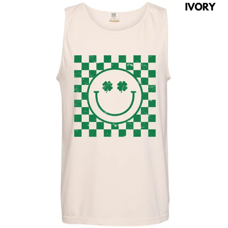 Tank Top - Green Shamrock Checker Happy Face Comfort Colors Tank Top 'NLB' T-Shirts, Hoodie, Sweatshirt | GrindPrints.com