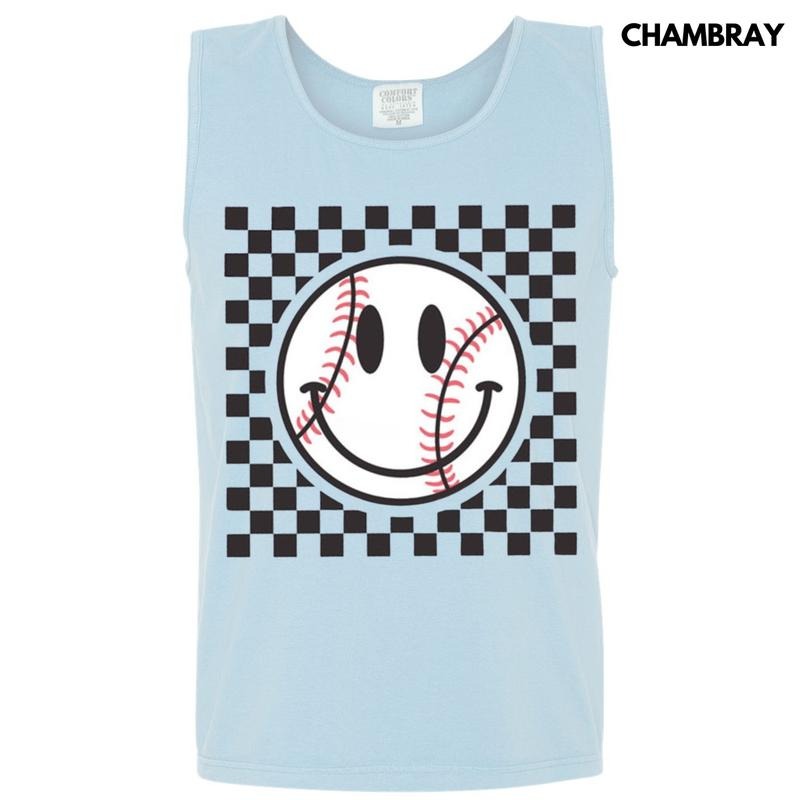 Tank Top -Baseball Checker Happy Face Comfort Colors Tank Top T-Shirts, Hoodie, Sweatshirt | GrindPrints.com