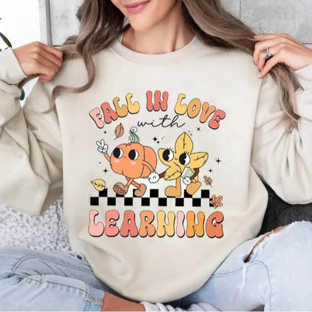 Teacher Shirt, Teacher Fall Shirt, Fall In Love With Learning Teacher, Teacher Pumpkin Shirt, Retro Teacher Shirt, Unisex...