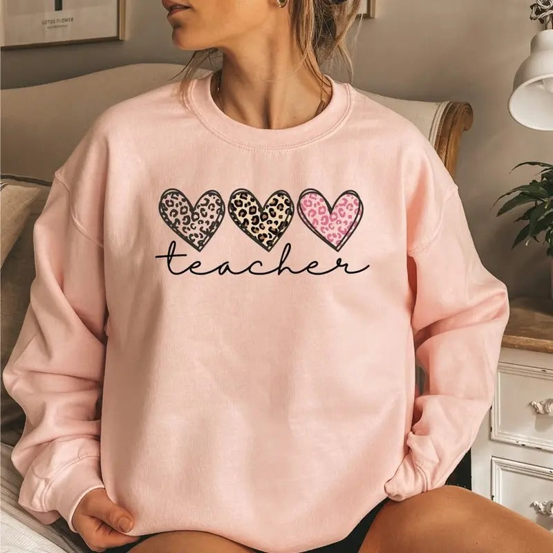 Teacher Sweatshirt, Teacher Crewneck, Teach T-Shirt, Leopard Hearts Teacher Sweatshirt, Perfect Gift For Educators Hoodie