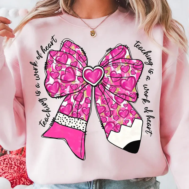 Teacher Valentine Coquette Bow Pencil T-Shirt, Glitter Teacher Heart Valentine's Day Sweatshirt, Retro Teacher Crewneck...