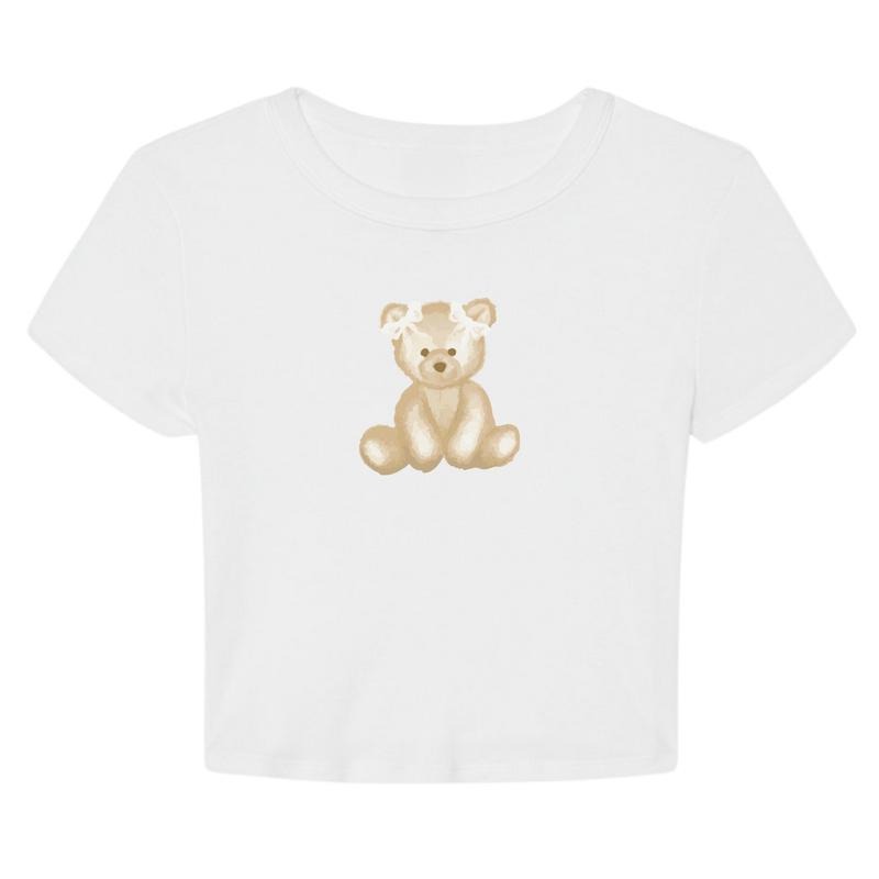 Teddy Bear Print Crew Neck Cropped T-Shirt, Casual Short Sleeve T-Shirt For Spring and Summer, Women's Clothing,...
