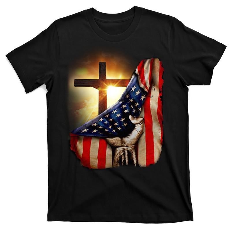 Teeshirtpalace American Christian Cross Patriotic Flag T-Shirt Cotton Menswear Medium Size Vibrant DTG Print Comfortable...