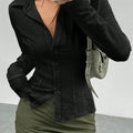 Textured Button Down Shirt Long Sleeve Collar Solid Blouse Tops Hoodie, Sweatshirt | GrindPrints.com