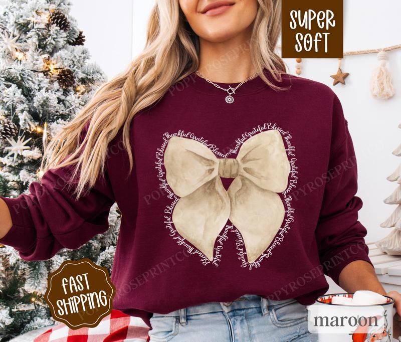 Thankful Bow Sweatshirt, Coquette Thanksgiving Sweater,  Women's Fall Thankful Crewneck T-Shirts, Hoodie | GrindPrints.com