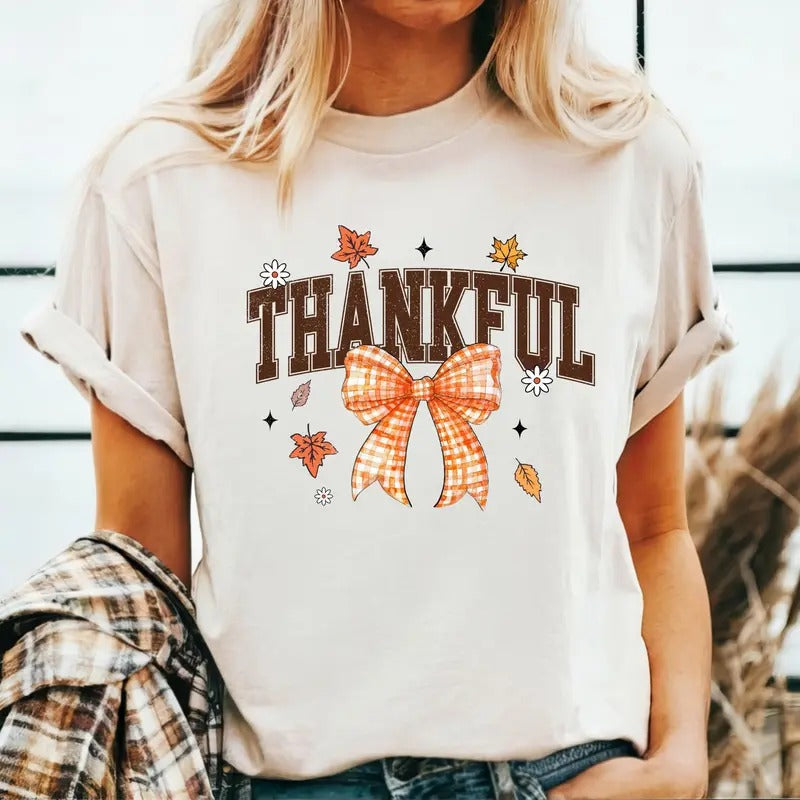 Thankful Coquette Bow Shirt, Cute Thanksgiving T Shirt, Thanksgiving Shirt, Thanksgiving Fall T-Shirt, Thanksgiving...
