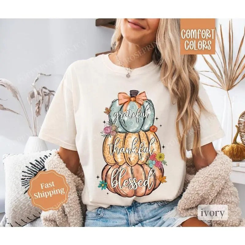 Thankful Pumpkin Shirt Comfort Colors, Thanksgiving Tshirt,  Women's Fall Tee Hoodie, Sweatshirt | GrindPrints.com