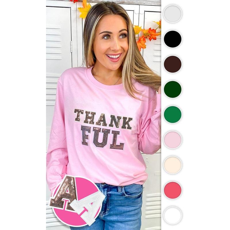 Thankful Sequin Graphic Long Sleeve T-Shirt Hoodie, Sweatshirt | GrindPrints.com