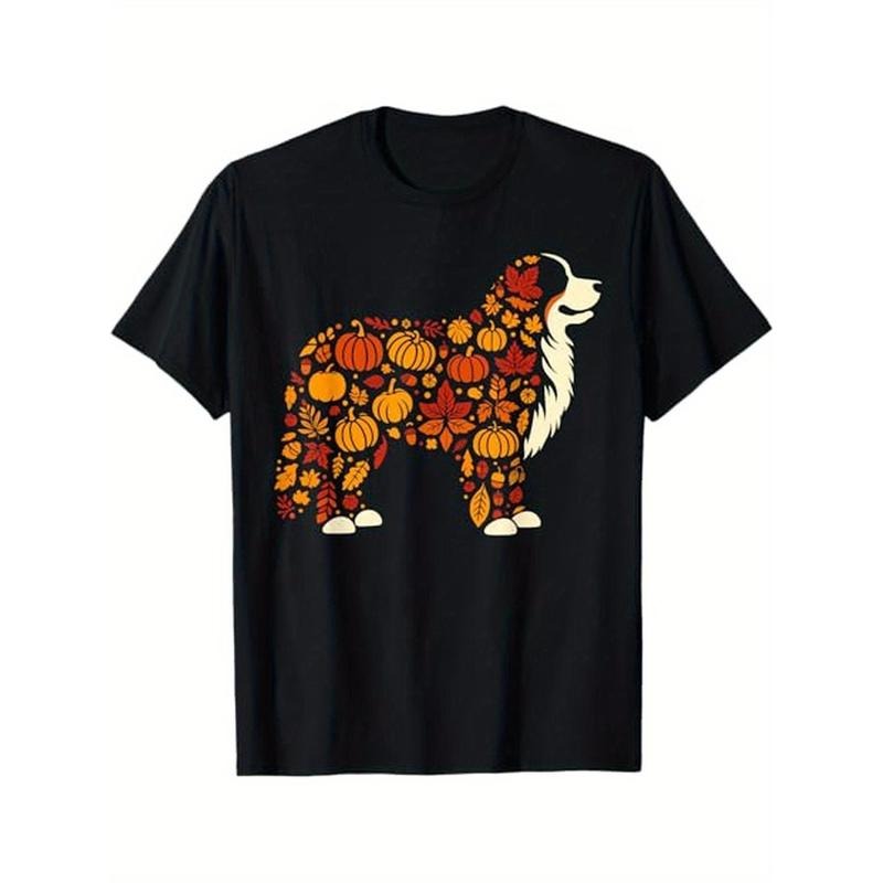 Thanksgiving Pumpkin Bernese Mountain Dog Graphic Tee for Men- 100% Cotton, Casual Loose Fit, Short Sleeve, Machine...