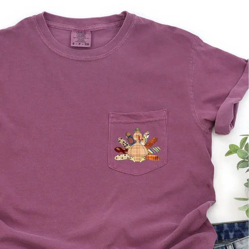 Thanksgiving Turkey, Colorful, Plaid, Pocket Tee, Women's Comfort Colors Tee Hoodie, Sweatshirt | GrindPrints.com