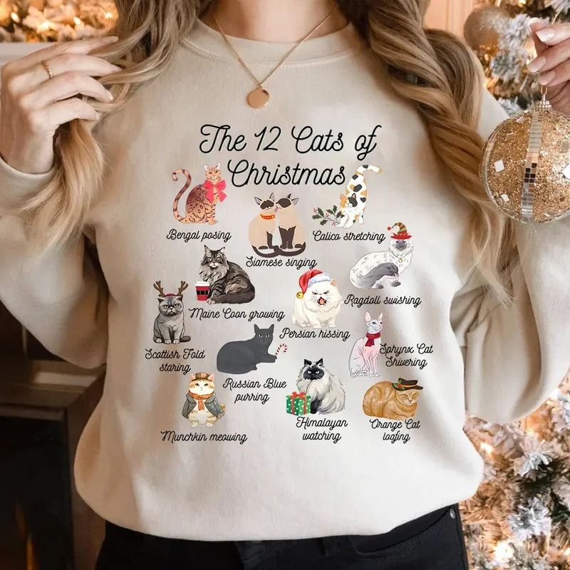 The 12 Cats of Christmas Sweatshirt,Cute Christmas Cats Shirt, Christmas Cat Mom Shirt, Xmas Cats,Cat Lover Christmas...