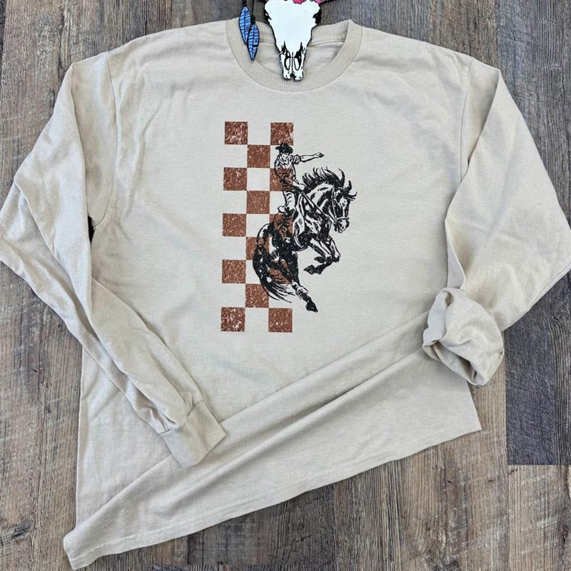 The Checkered Bronc Crewneck Sweatshirt, Cowboy Hoodies, western clothing stuff, western outfits women tops, country...