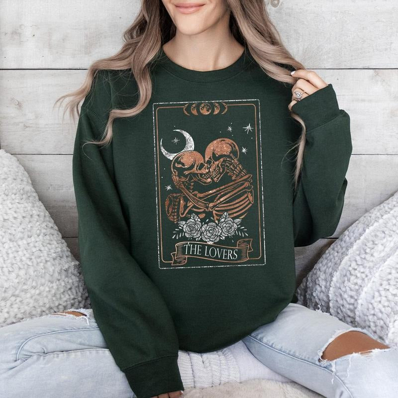 The Lovers Tarot, Moon, Skeletons, Mystical, Magic, Sweatshirt, Valentine's Day, Crew Neck, Women's, Crewneck,...