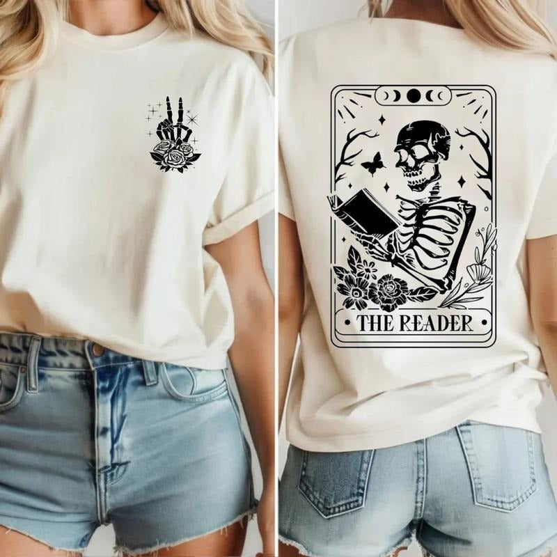 The Reader Tarot Card 2 Sides Sweatshirt, Book Lover Hoodie, Book Lover Gift For Women, Skeleton Reading Shirt, Unisex...