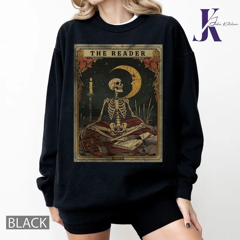 The Reader Tarot Card Comfort Colors Shirt, Skeleton Reading Shirt, Unisex Tarot Card Shirt, Book Lover Gift, Bookish...