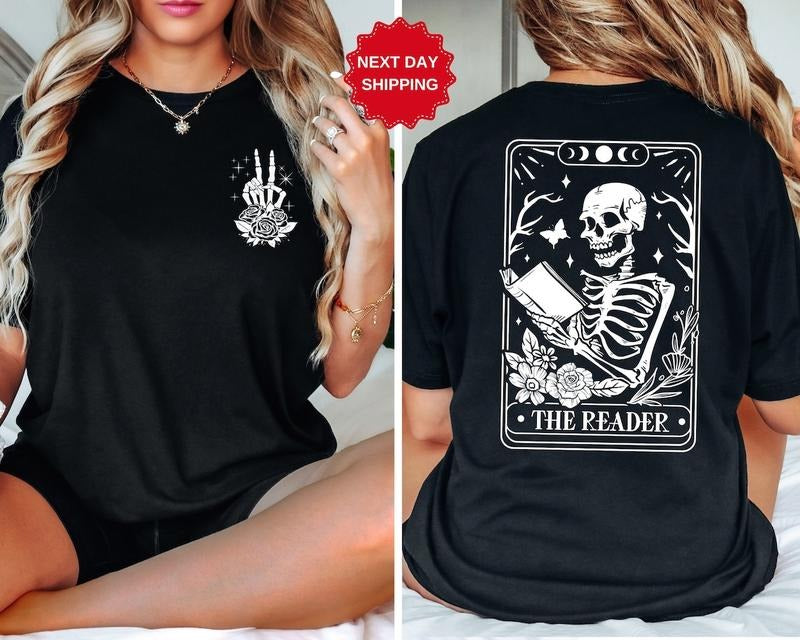 The Reader Tarot Card Front And Back Printing Shirt, Skeleton Reading T-shirt Hoodie, Sweatshirt | GrindPrints.com