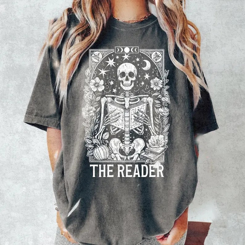 The Reader Tarot Card Shirt, Skeleton Reading Shirt, Unisex Tarot Card Shirt, Book Lover Gift, Bookish Gift, Tarot Lover...