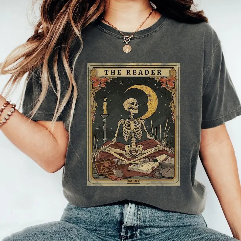 The Reader Tarot Card Shirt, Skeleton Reading Shirt, Unisex Tarot Card Shirt, Book Lover Gift, Bookish Gift,Tarot Lover...