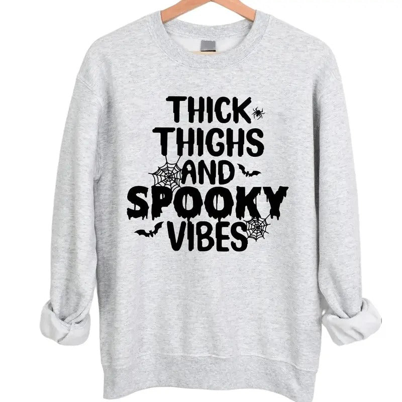 Thick Thighs and Spooky Vibes Halloween Crewneck Sweatshirt Hoodie Tshirt, Halloween 2024 Gifts | GrindPrints.com