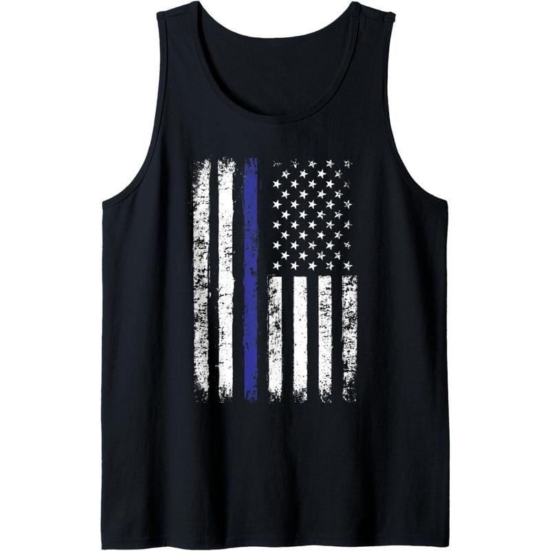 Thin Blue Line American Flag Police Officer Back Dad Gift Tank Top made in USA T-Shirts, Hoodie, Sweatshirt | GrindPrints.com