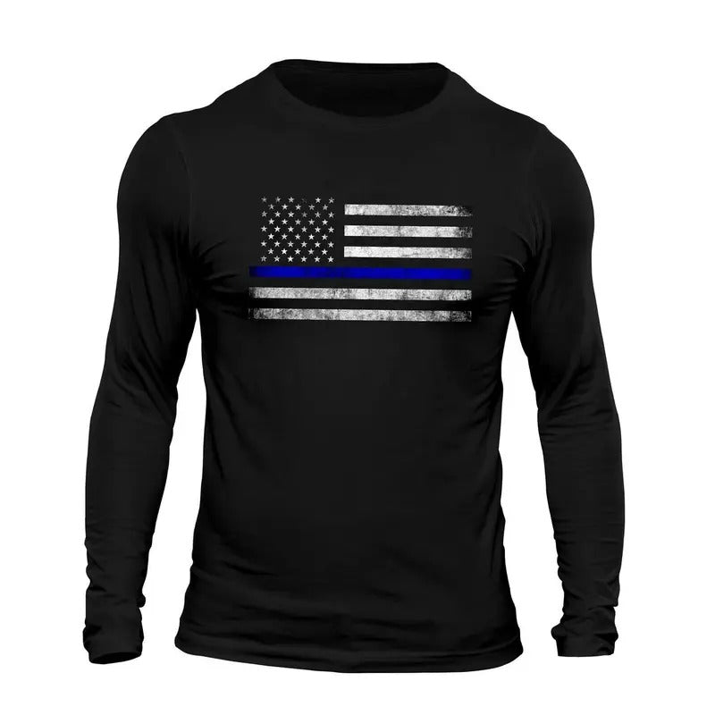 Thin Blue Line Flag USA Police Long Sleeve Men's T-Shirt Casual Classic Hoodie, Sweatshirt | GrindPrints.com