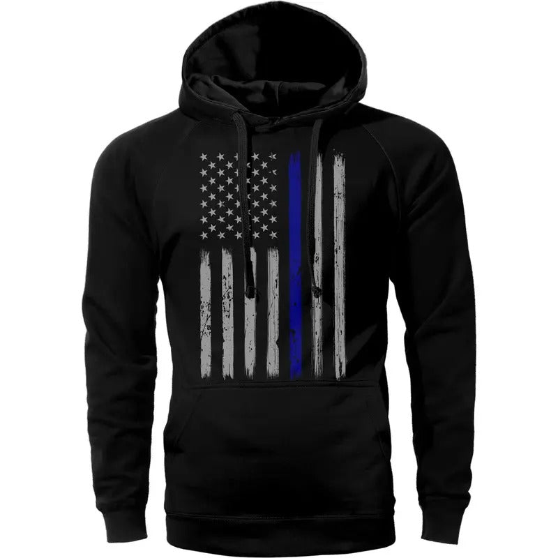 Thin Blue Line Vertical Brushed Flag Front Print Police Hoodie Sweatshirt Cotton Fabric T-Shirts | GrindPrints.com