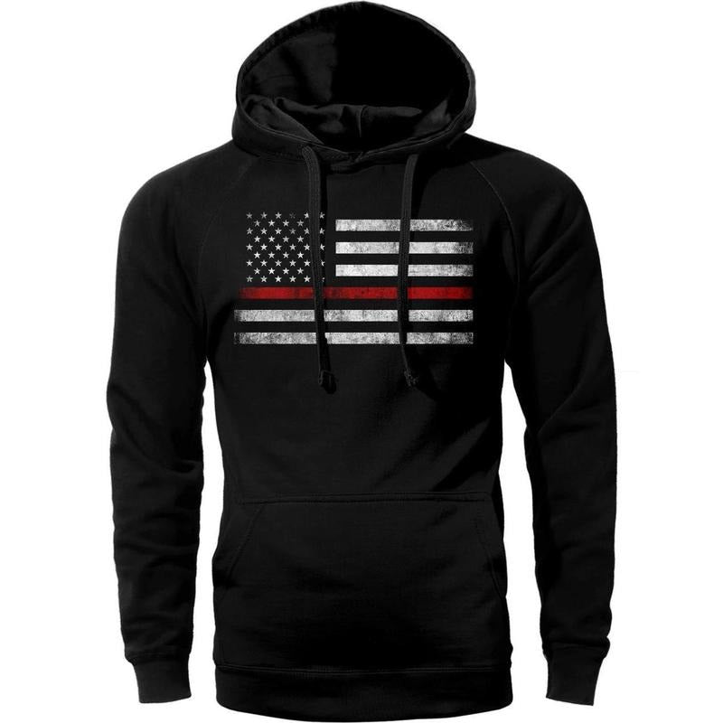 Thin Red Line Flag USA Firefighter Hoodie Sweatshirt Cotton Fabric T-Shirts | GrindPrints.com