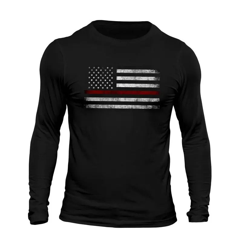 Thin Red Line Flag USA Firefighter Men's Long Sleeve T-Shirt Casual Classic Hoodie, Sweatshirt | GrindPrints.com