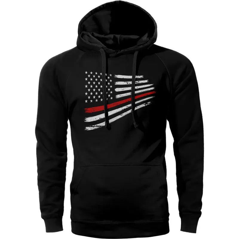 Thin Red Line Flag Warped Design USA Firefighter Hoodie Sweatshirt Cotton Fabric T-Shirts | GrindPrints.com