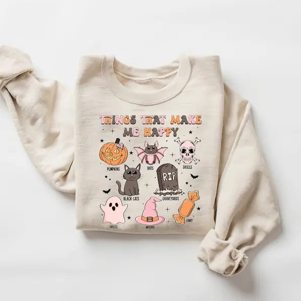 Things That Make Me Happy Halloween Sweatshirt, Spooky Season Shirt, Halloween Crewneck Sweatshirt, Gift For Halloween,...