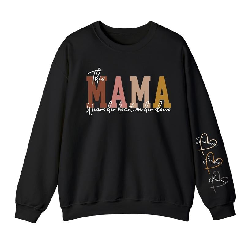 This Mama Wears Her Heart On Her Sleeve Sweatshirt Hoodie, Personalized Mama Sweatshirt Names On Sleeve, Mother's Day...