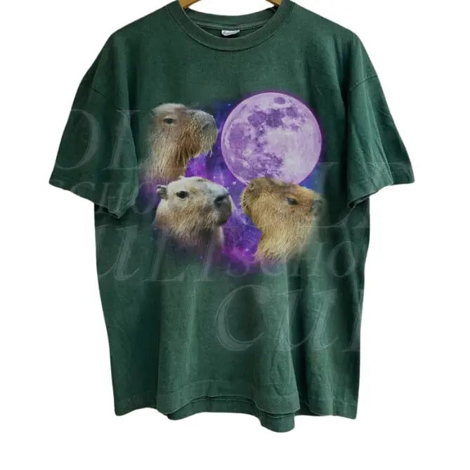 Three Capybaras Vintage Retro Capybara Moon Funny Washed Weirdcore Capybara Lovers T-Shirts, Hoodie, Sweatshirt