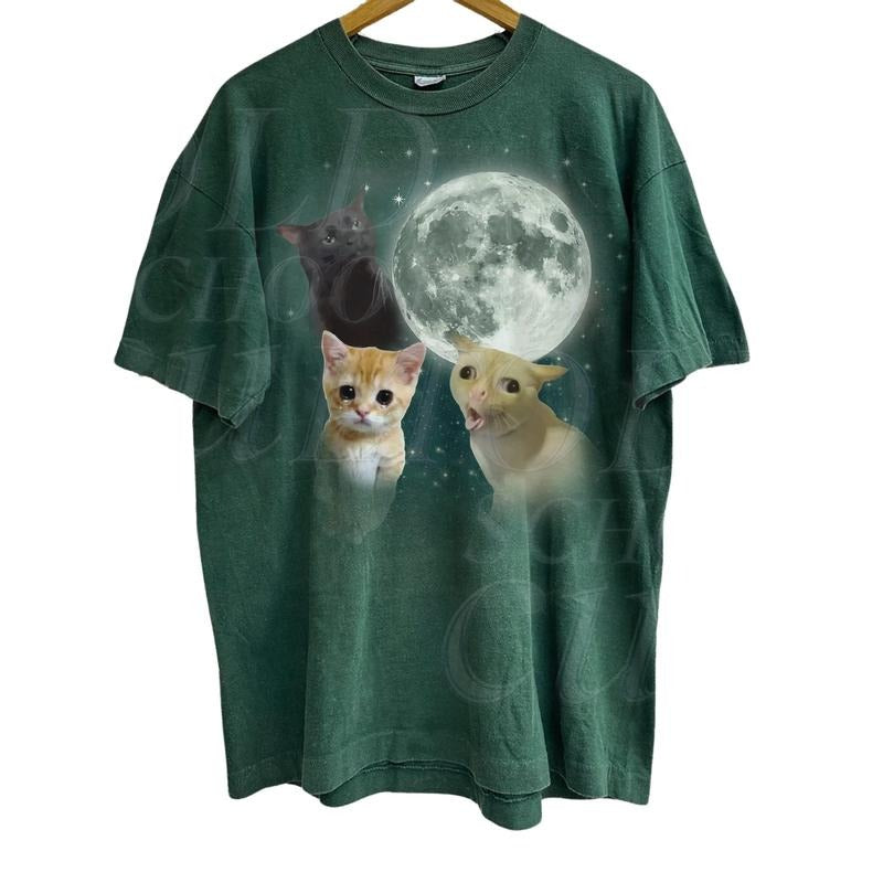 Three Cats Retro Moon Graphic T-shirts, Vintage Cat Moon Tshirt, Oversized Washed Tee, Cat Meme T Shirt, Weird Tee, Cat...