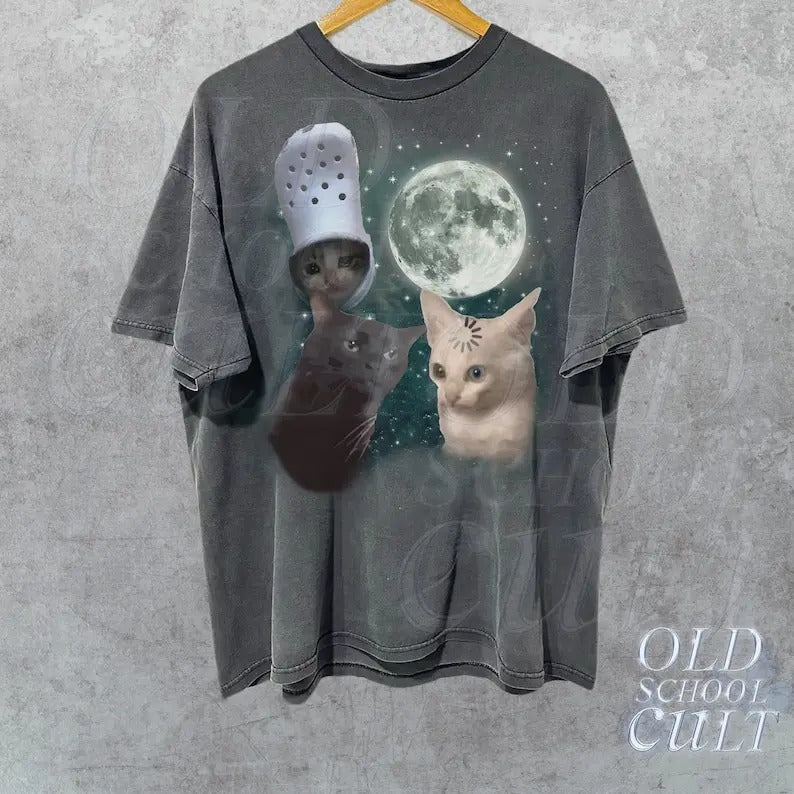 Three Cats Vintage Graphic T-shirts, Retro Cat Moon Tshirt, Cat Lovers, Funny Cat Tee, Oversized Washed Tee, Meme T...