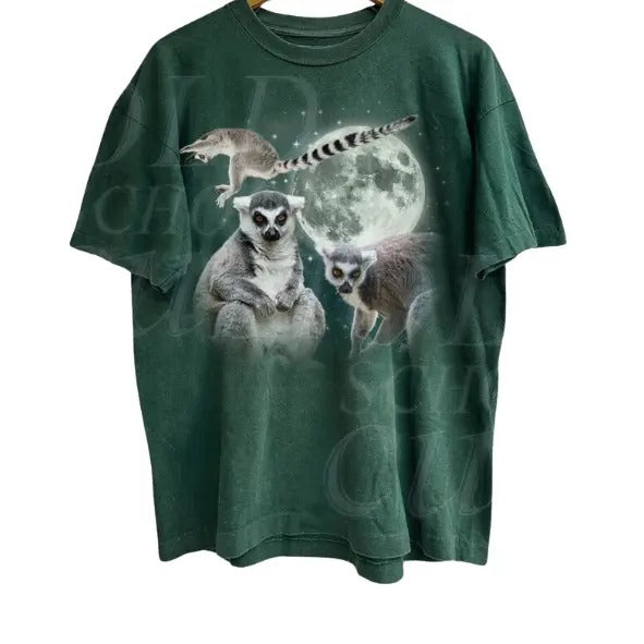 Three Lemur Vintage Graphic T-shirts, Retro Lemur Moon Madagascar Tshirt, Animal Lovers, Funny Sleeping Galaxy Tee, Gag...