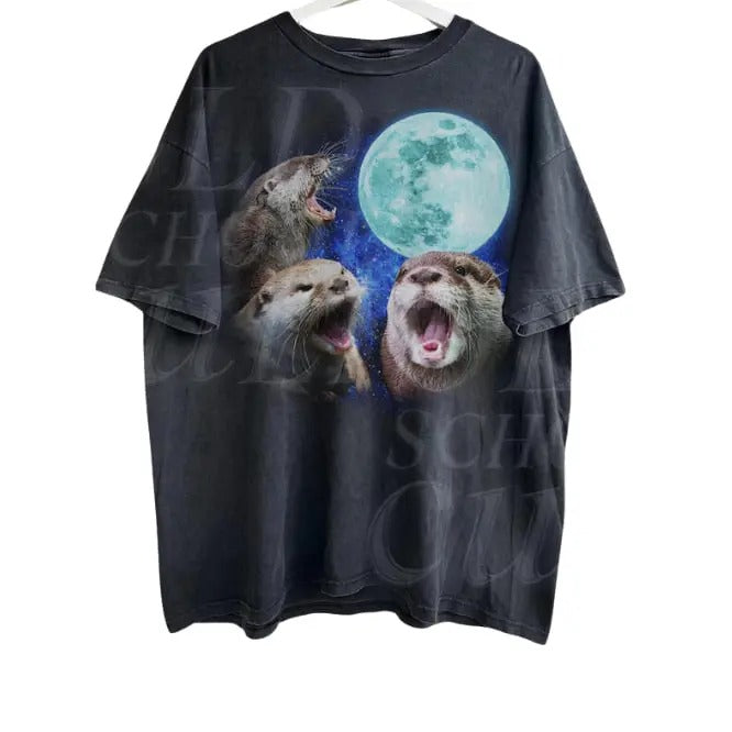 Three Otters Vintage Graphic Tee, Retro Otter Moon Tshirt, Otter Lovers, Funny Graphic Tee, Oversized Washed Tee,...