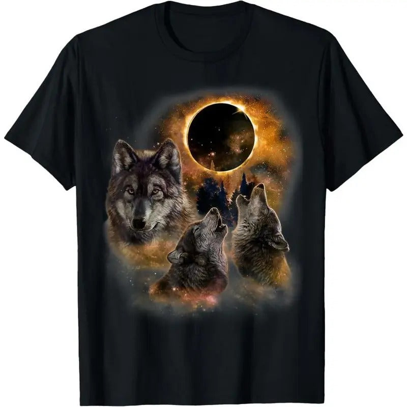 Three Wolves and Solar Eclipse, Forest Wolf Animals Wild T-Shirt Hoodie, Sweatshirt | GrindPrints.com