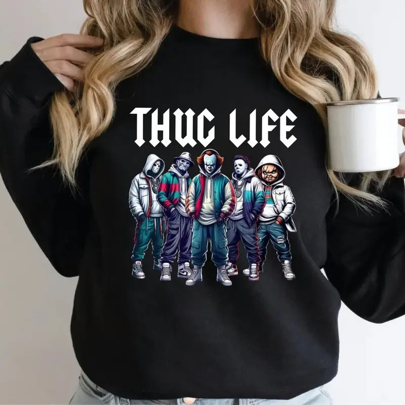 Thug Life Halloween Sweatshirt, Horror Halloween Character Sweatshirt, Halloween Sweatshirt, Trendy Halloween Shirt,...