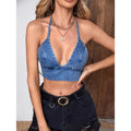 Tie Back Crop Tops Halter Backless Denim Cami Deep V Neck TopsY2K T-Shirts, Hoodie, Sweatshirt | GrindPrints.com