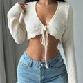 Tie Front Cardigan Hollow Out Long Sleeve Sweater Crop Tops T-Shirts, Hoodie, Sweatshirt | GrindPrints.com