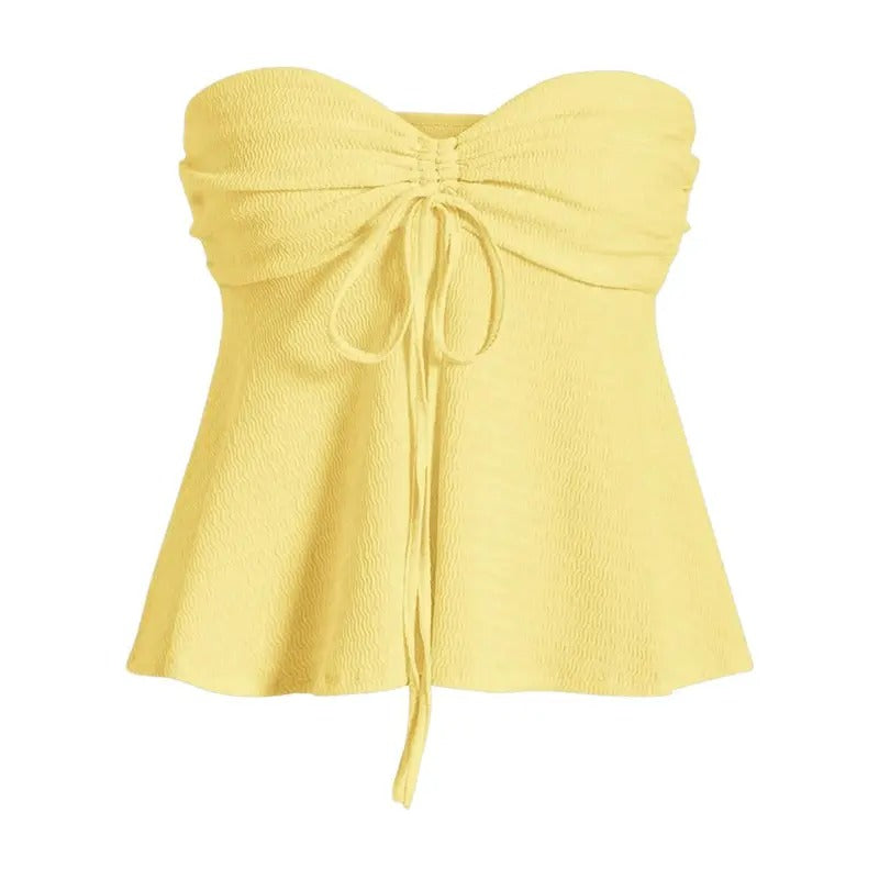 Tie Front Ruched Tube Top Strapless Flared Hem Peplum Bandeau Tops T-Shirts, Hoodie, Sweatshirt | GrindPrints.com