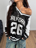TikTokShopBacktoSchool Y2k Blokette Jersey Shirts Oversized Mesh Number Graphic Tees V Neck Long Sleeve T Shirt Tops...